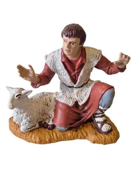 Kneeling adoring shepherd with sheep – 15 cm