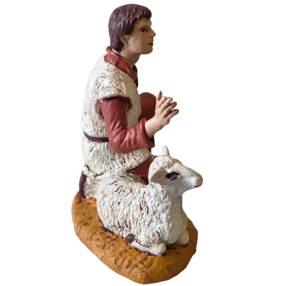 Kneeling adoring shepherd with sheep – 15 cm
