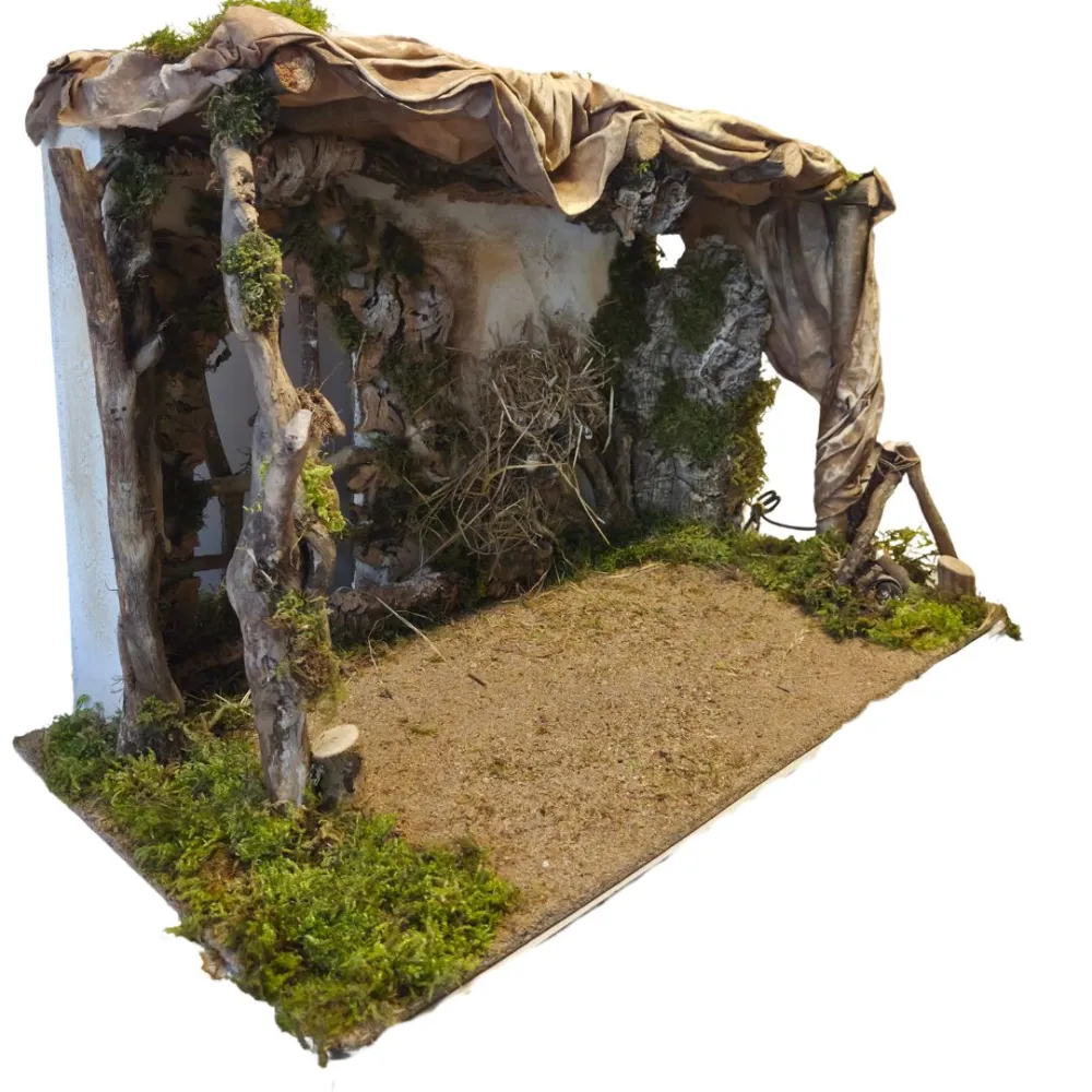 Wood and Cork Nativity Setting with Lights and Fire Effect, for 30 cm Nativity Figures