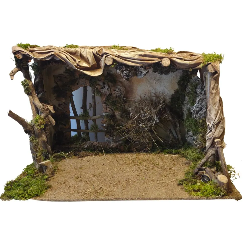 Ambientazione in legno e sughero con luce e fuoco per statue da 30 cm