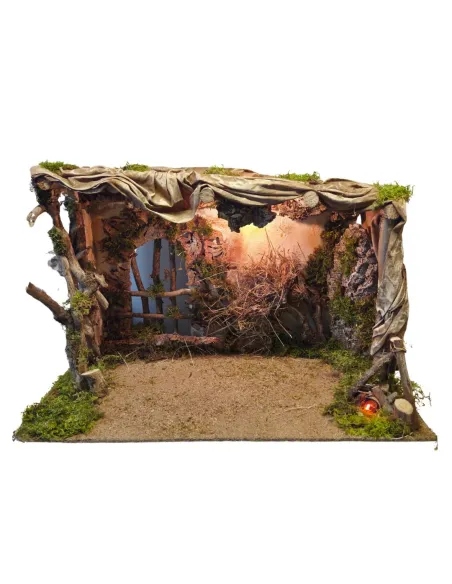 Wood and Cork Nativity Setting with Lights and Fire Effect, for 30 cm Nativity Figures