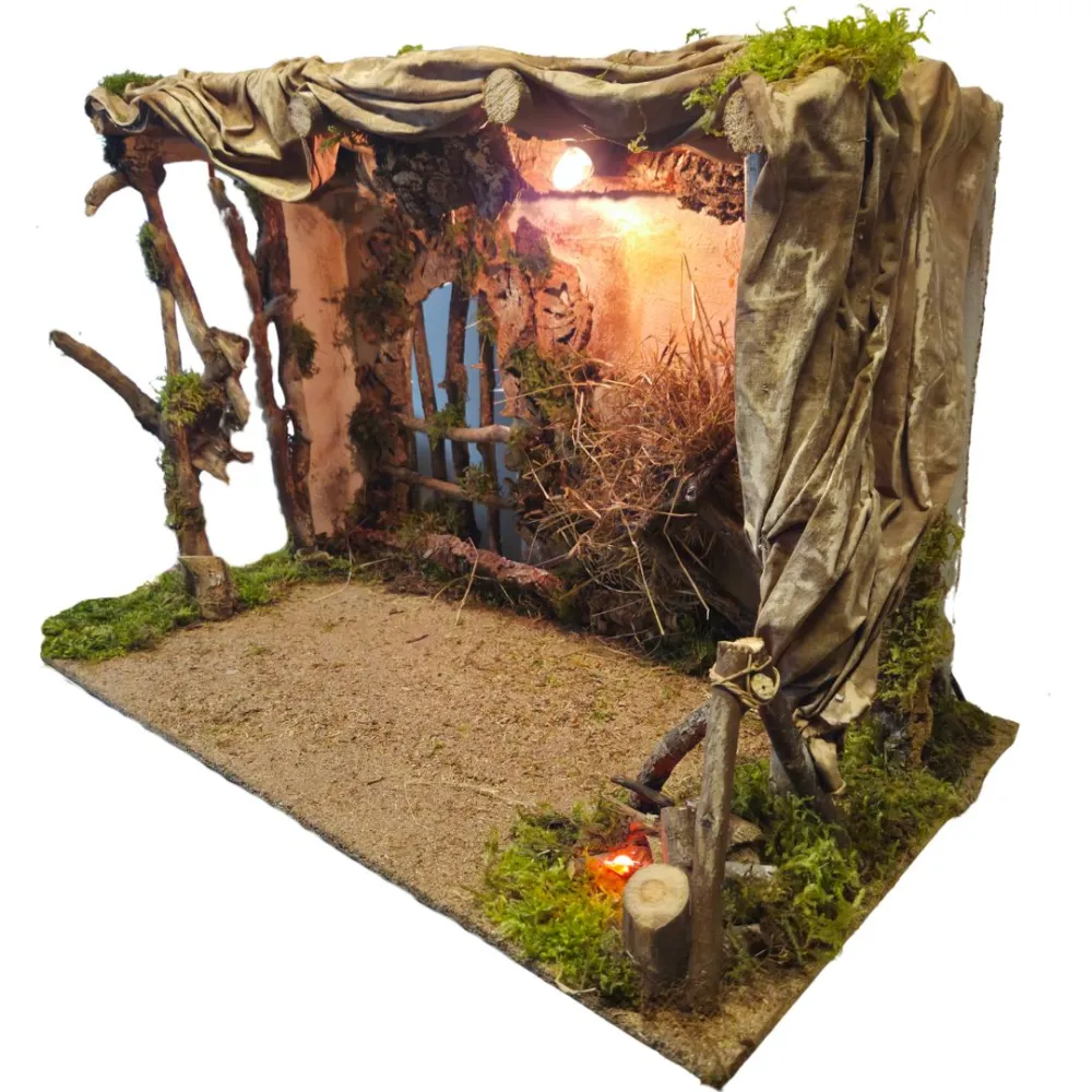Wood and Cork Nativity Setting with Lights and Fire Effect, for 30 cm Nativity Figures