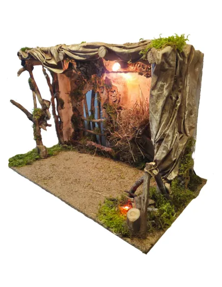 Ambientazione in legno e sughero con luce e fuoco per statue da 30 cm