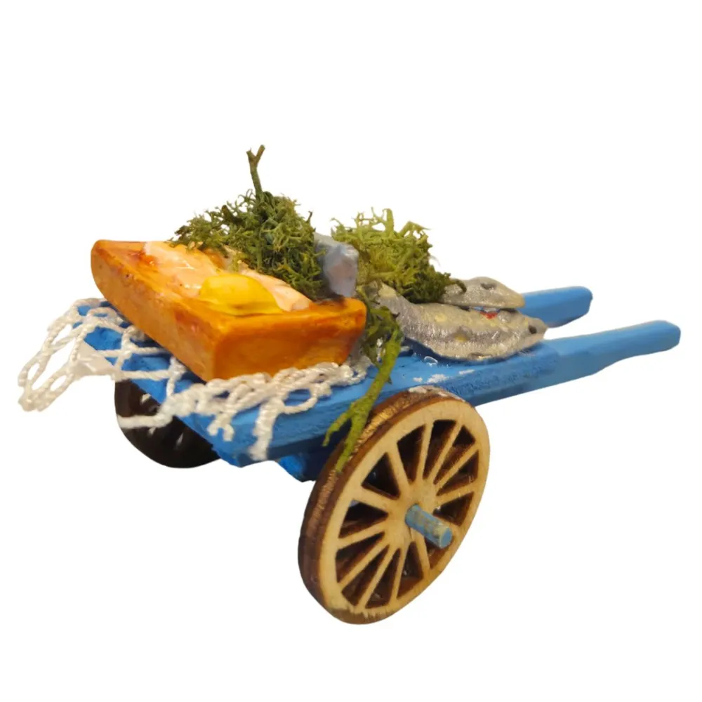 Carretto con pesce in legno per statue da 8-10 cm