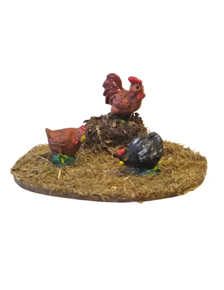 Gruppo 2 galline con gallo assortiti in resina per statue da 10-12 cm