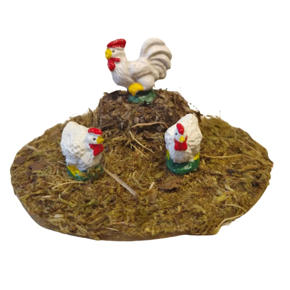Gruppo 2 galline con gallo assortiti in resina per statue da 10-12 cm