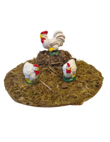 Gruppo 2 galline con gallo assortiti in resina per statue da 10-12 cm
