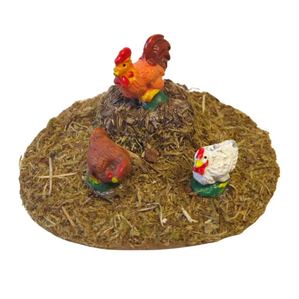 Gruppo 2 galline con gallo assortiti in resina per statue da 10-12 cm