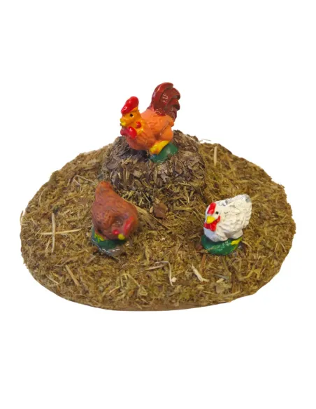 Gruppo 2 galline con gallo assortiti in resina per statue da 10-12 cm