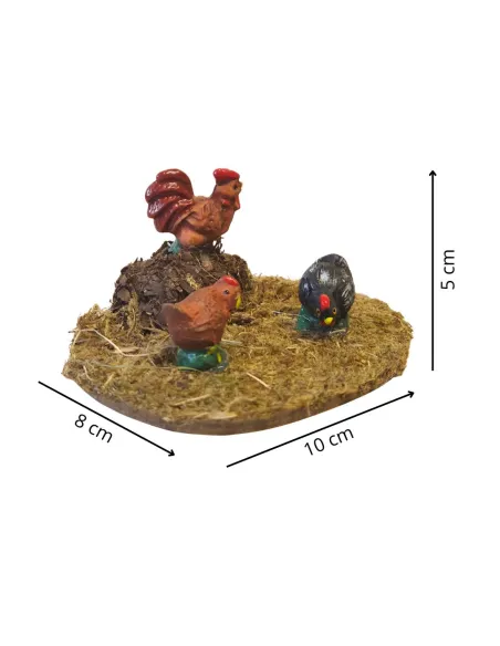 Gruppo 2 galline con gallo assortiti in resina per statue da 10-12 cm
