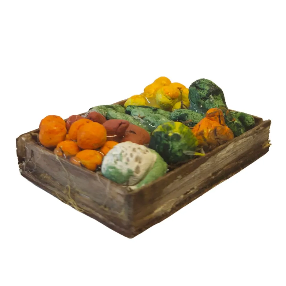 Cassetta in legno con frutta e verdura per statue da 25-30 cm