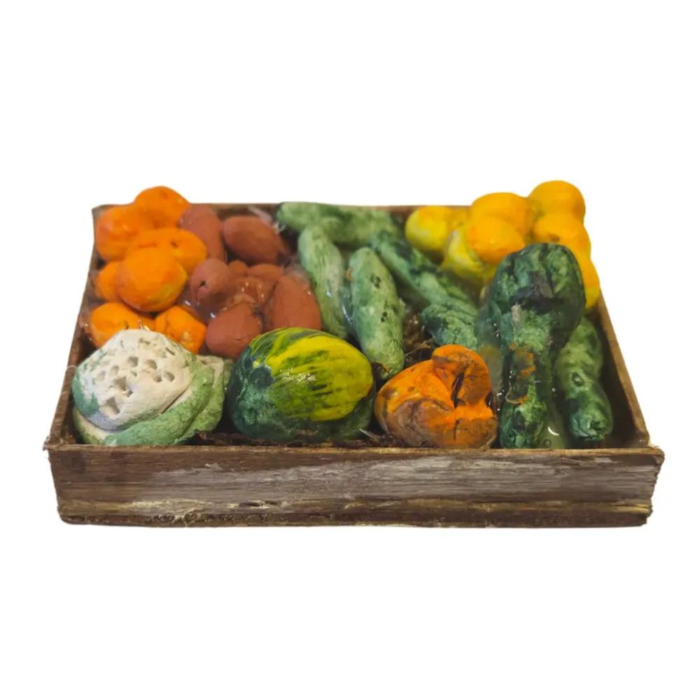 Cassetta in legno con frutta e verdura per statue da 25-30 cm