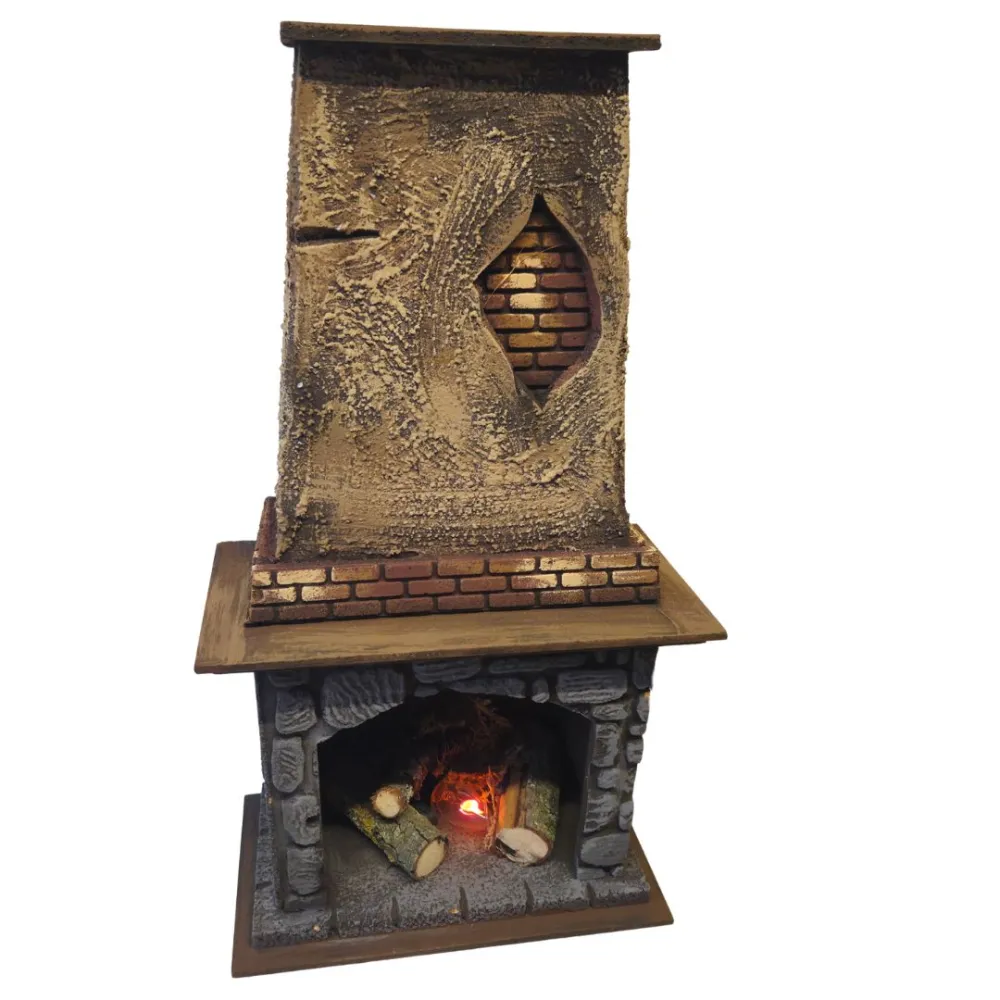 Camino in legno e sughero con effetto fuoco per statue da 28-30 cm