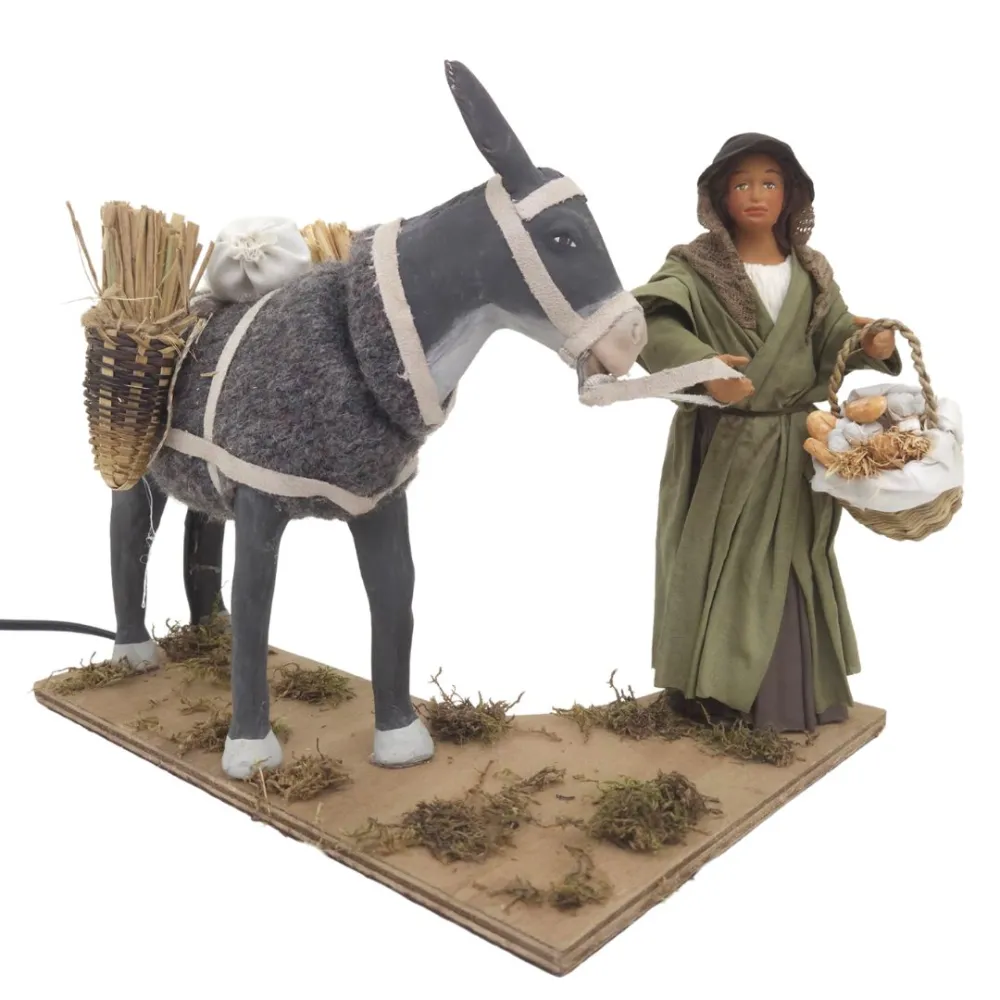 Animated Terracotta Woman with Donkey - 25 cm