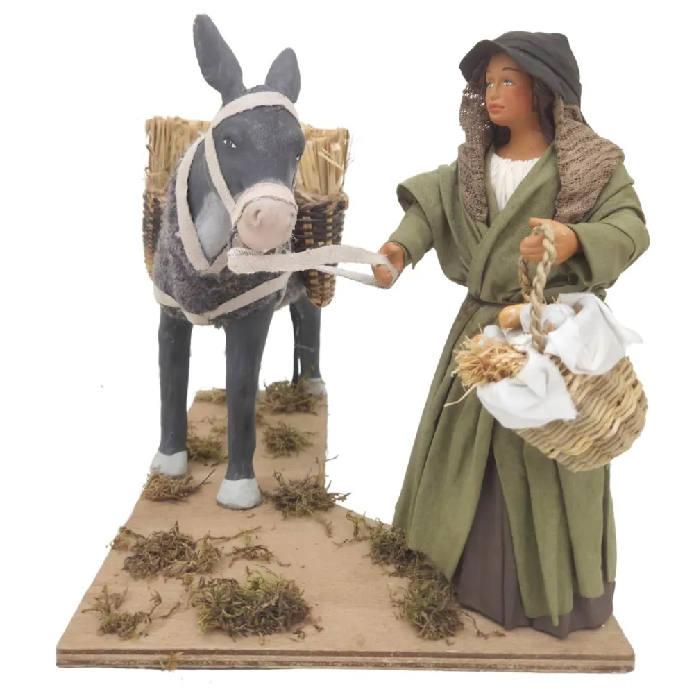 Animated Terracotta Woman with Donkey - 25 cm