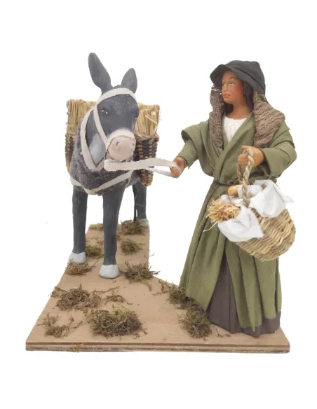 Animated Terracotta Woman with Donkey - 25 cm