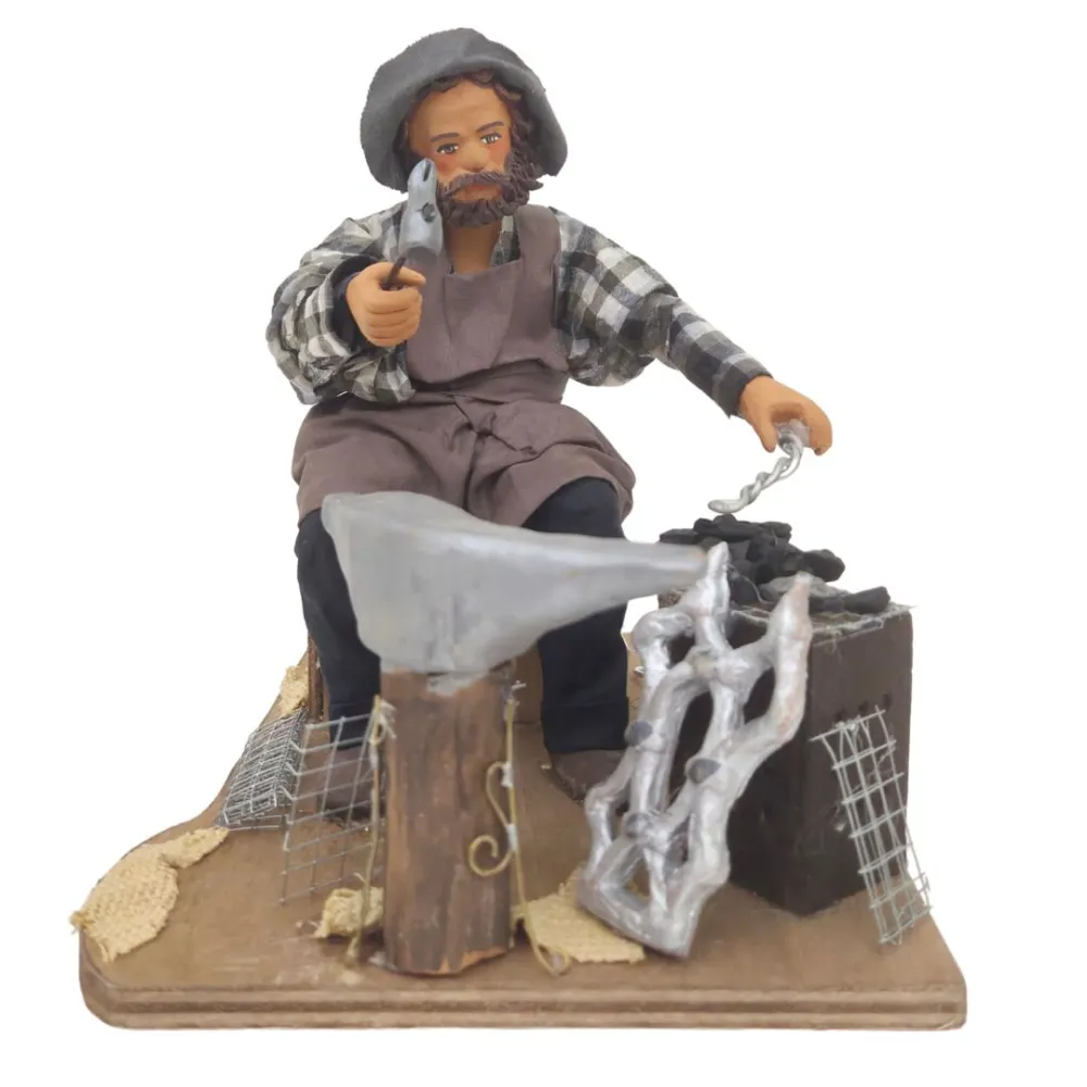 Animated Terracotta Seated Blacksmith with Fire Effect Light - 25 cm
