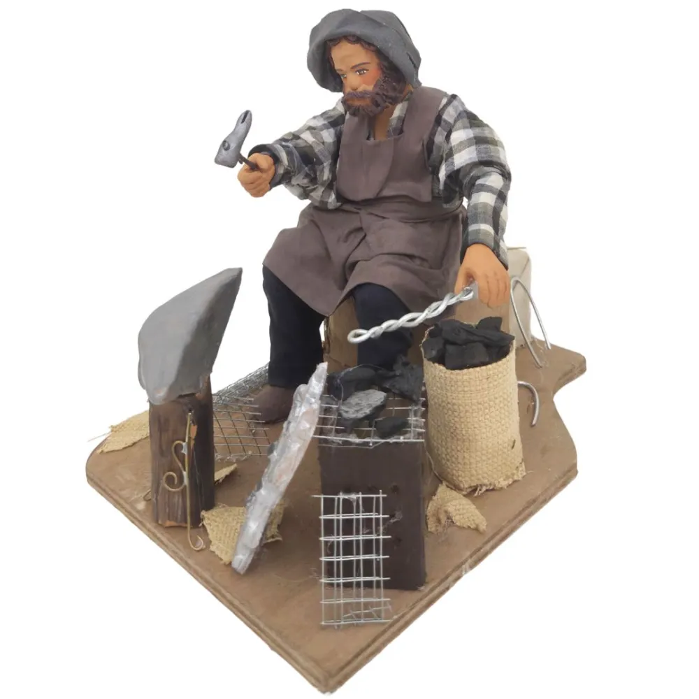 Animated Terracotta Seated Blacksmith with Fire Effect Light - 25 cm