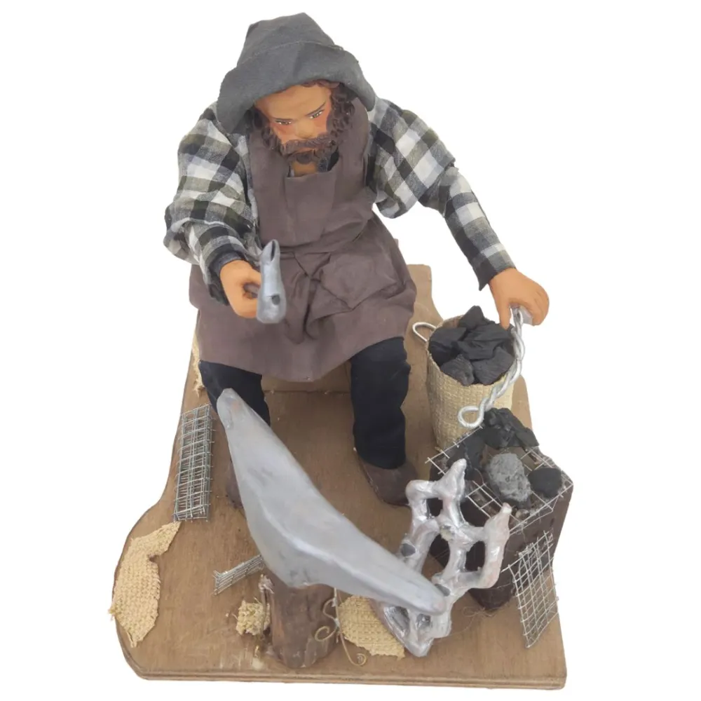 Animated Terracotta Seated Blacksmith with Fire Effect Light - 25 cm