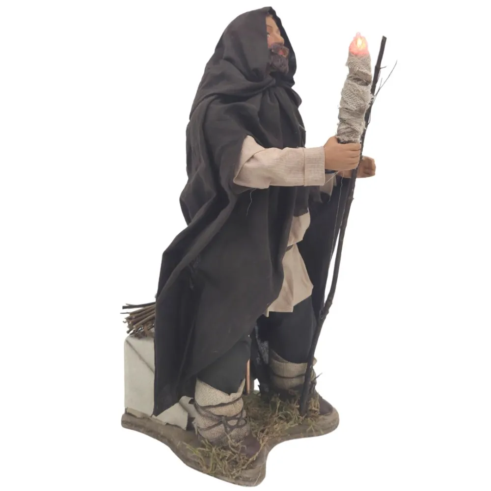 Animated Terracotta Man with Lighted Torch - 25 cm