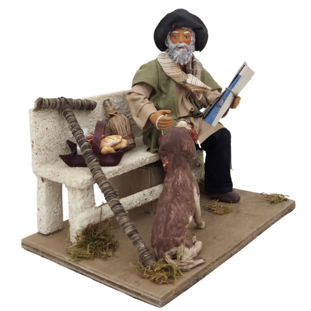 Animated Terracotta Vagabond with Dog on Bench - 25 cm