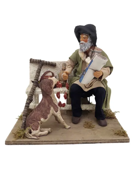 Vagabondo con cane su panchina in terracotta in movimento 25 cm