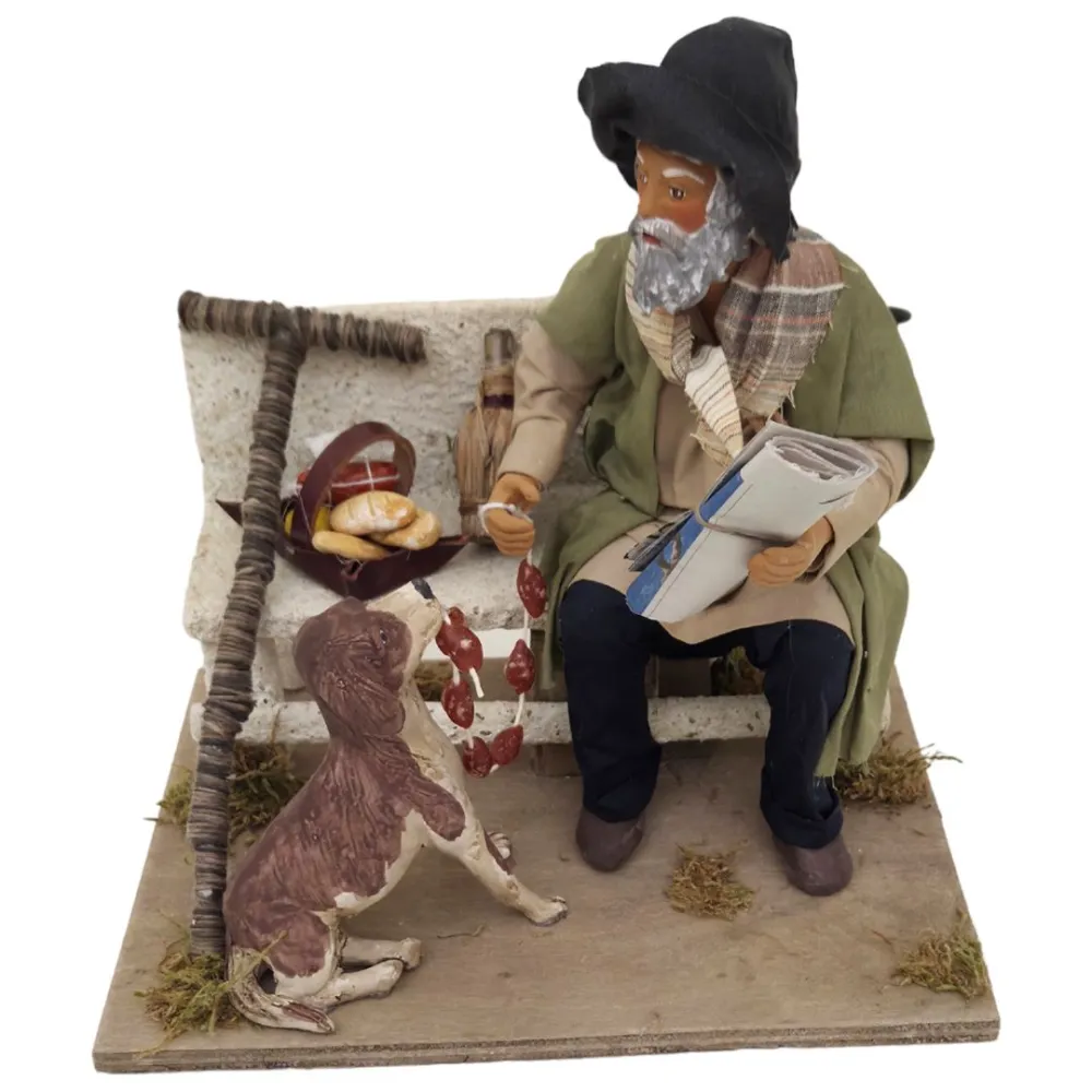 Animated Terracotta Vagabond with Dog on Bench - 25 cm