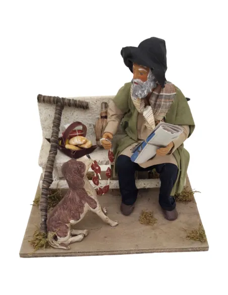 Animated Terracotta Vagabond with Dog on Bench - 25 cm