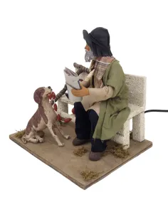 Vagabondo con cane su panchina in terracotta in movimento 25 cm