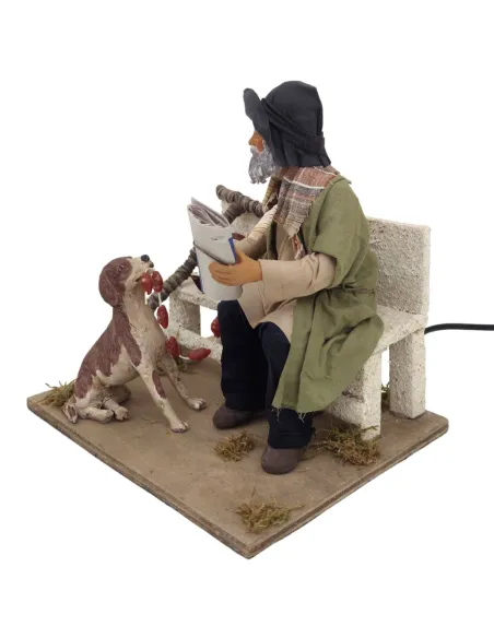 Animated Terracotta Vagabond with Dog on Bench - 25 cm