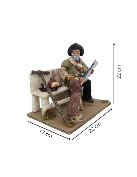 Animated Terracotta Vagabond with Dog on Bench - 25 cm