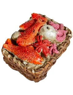 Cesta con prodotti ittici in resina per statue da 15-20 cm