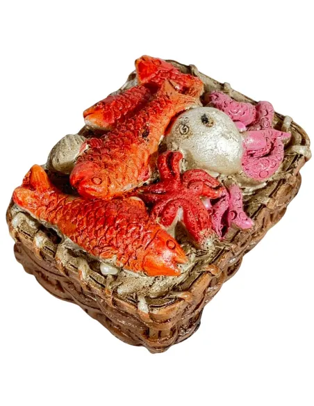 Cesta con prodotti ittici in resina per statue da 15-20 cm